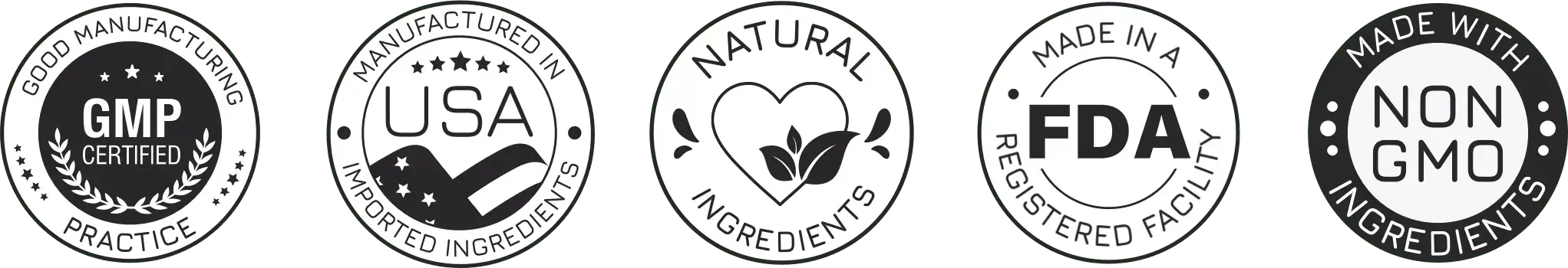 GMP certified, manufactured in the USA, natural ingredients, made in an FDA-registered facility, and non-GMO badges